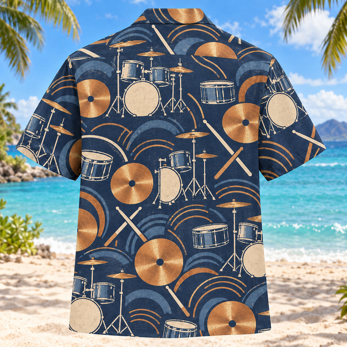 Back view of Copper Rhythm Drummer Hawaiian Shirt with generic drum kits, crossing sticks, cymbals and abstract rhythm arcs