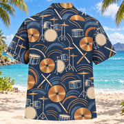 Back view of Copper Rhythm Drummer Hawaiian Shirt with generic drum kits, crossing sticks, cymbals and abstract rhythm arcs