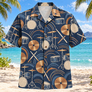 Front view of Copper Rhythm Drummer Hawaiian Shirt with generic drum kits, crossing sticks, cymbals and abstract rhythm arcs