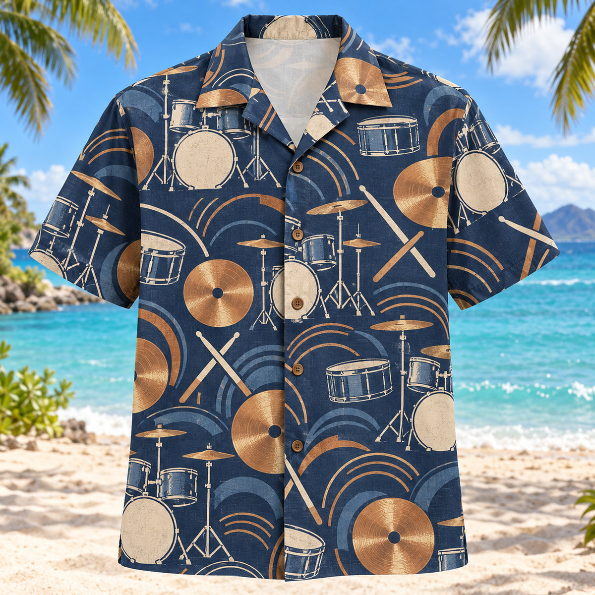 Front view of Copper Rhythm Drummer Hawaiian Shirt with generic drum kits, crossing sticks, cymbals and abstract rhythm arcs