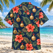 Back view of Coral Bauble Christmas Hawaiian Shirt with matching artwork in coral, navy, gold