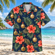 Front view of Coral Bauble Christmas Hawaiian Shirt with hanging baubles and coral-colored tropical flowers