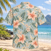Back view of Coral Bloom Beach Wedding Hawaiian Shirt with matching artwork in champagne, eucalyptus, ivory