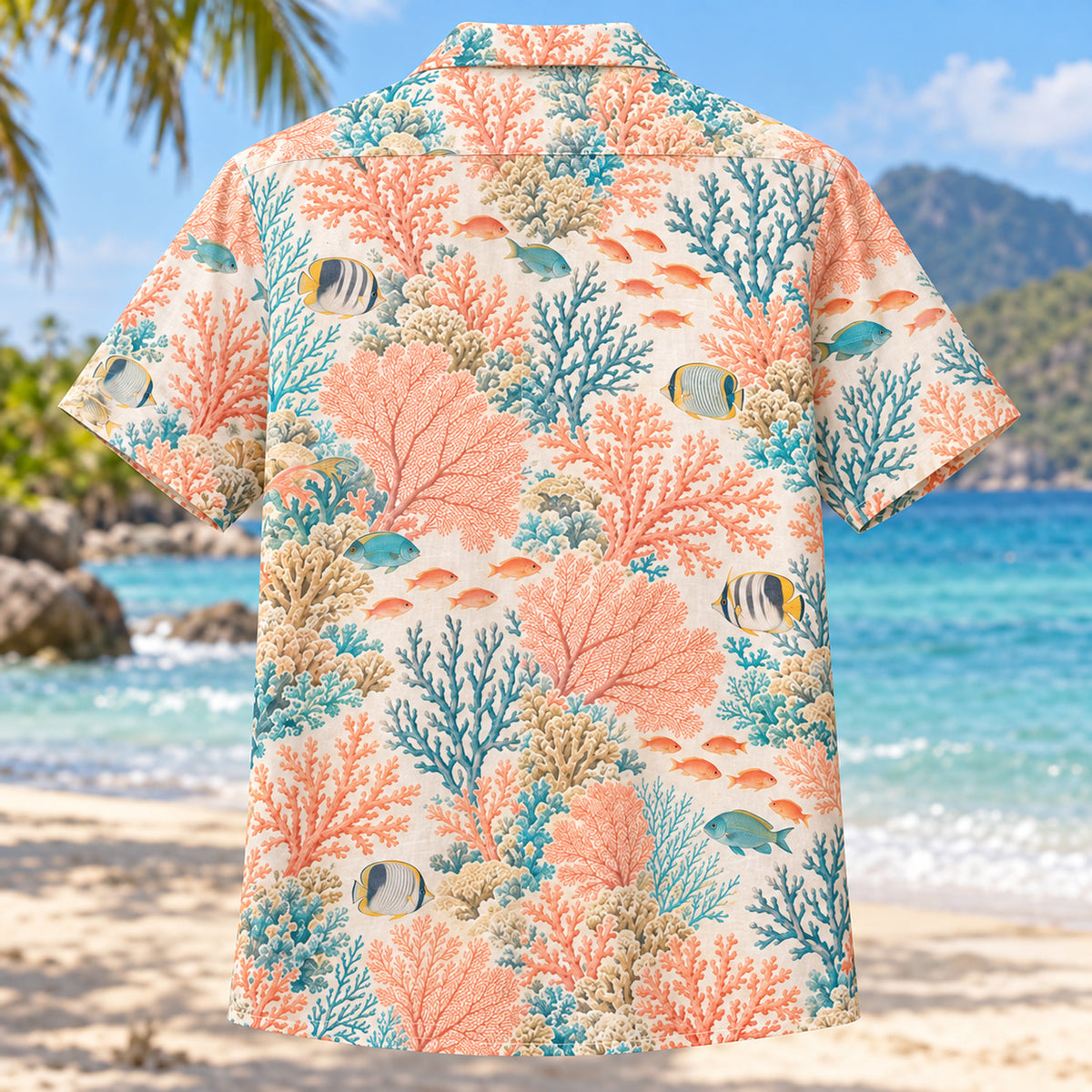 Back view of Coral Frag Botanical Reef Aquarium Hawaiian Shirt with matching artwork in peach, aqua, cream