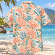 Back view of Coral Frag Botanical Reef Aquarium Hawaiian Shirt with matching artwork in peach, aqua, cream