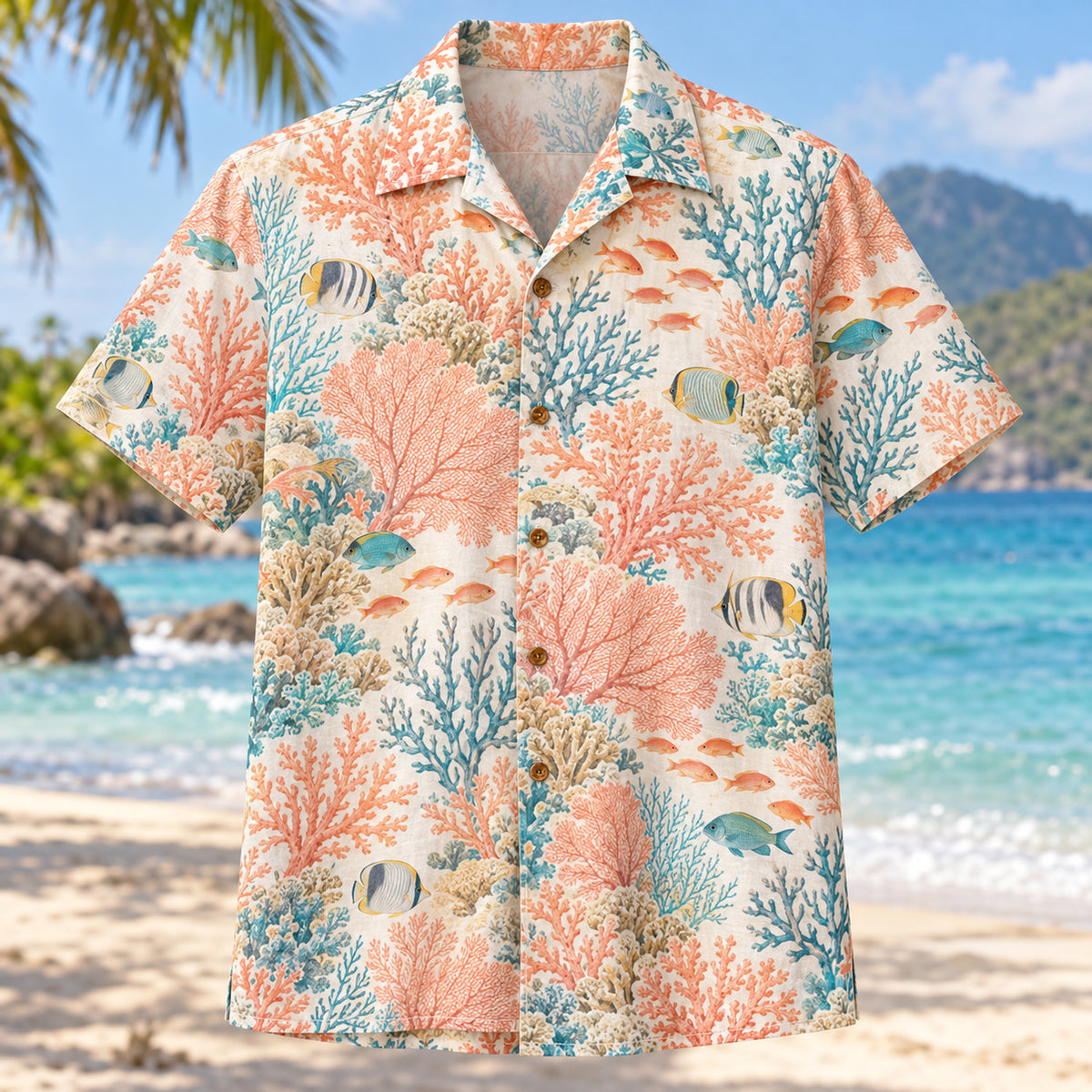 Front view of Coral Frag Botanical Reef Aquarium Hawaiian Shirt with original coral growth forms with small reef fish