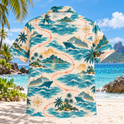 Back view of Coral Sea Route Cruise Travel Hawaiian Shirt with matching artwork in teal, cream, gold