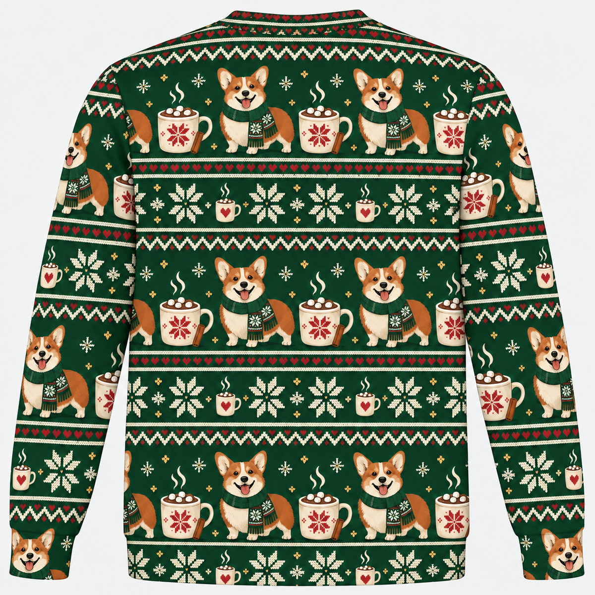 Back view of Corgi Christmas Cocoa all over print ugly sweater