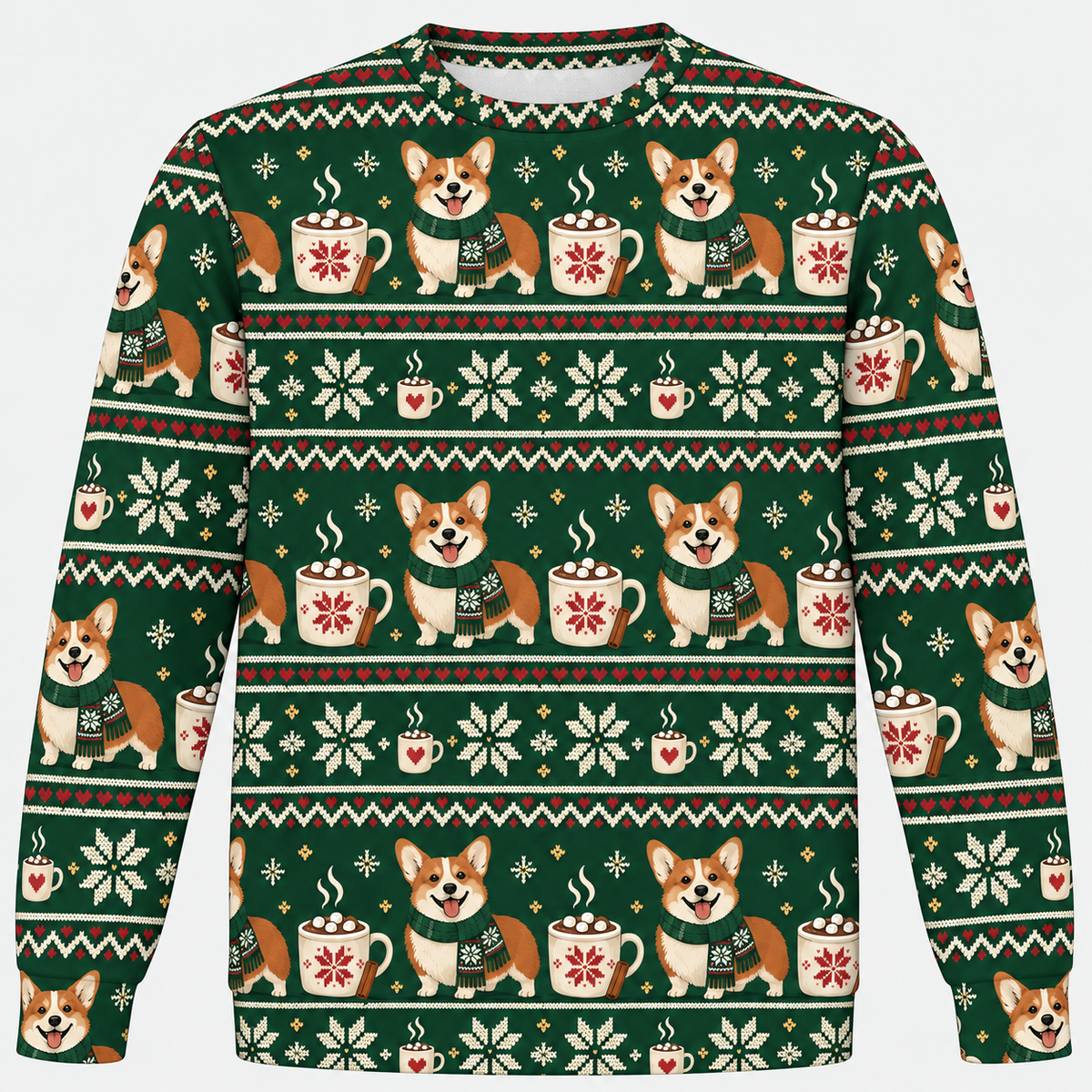 Front view of Corgi Christmas Cocoa all over print ugly sweater