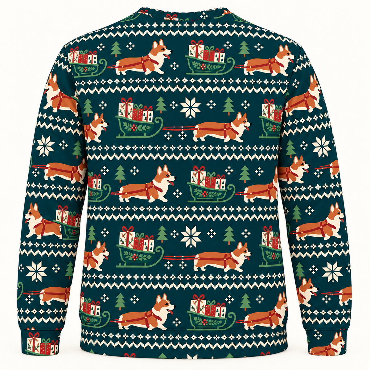 Back view of Corgi Christmas gift sleigh all over print ugly sweater