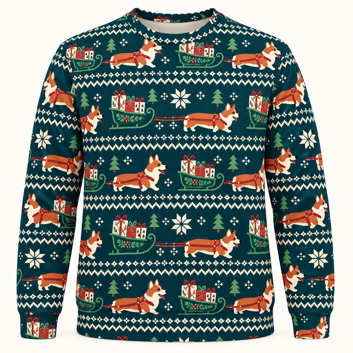 Front view of Corgi Christmas gift sleigh all over print ugly sweater