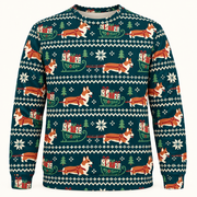 Front view of Corgi Christmas gift sleigh all over print ugly sweater