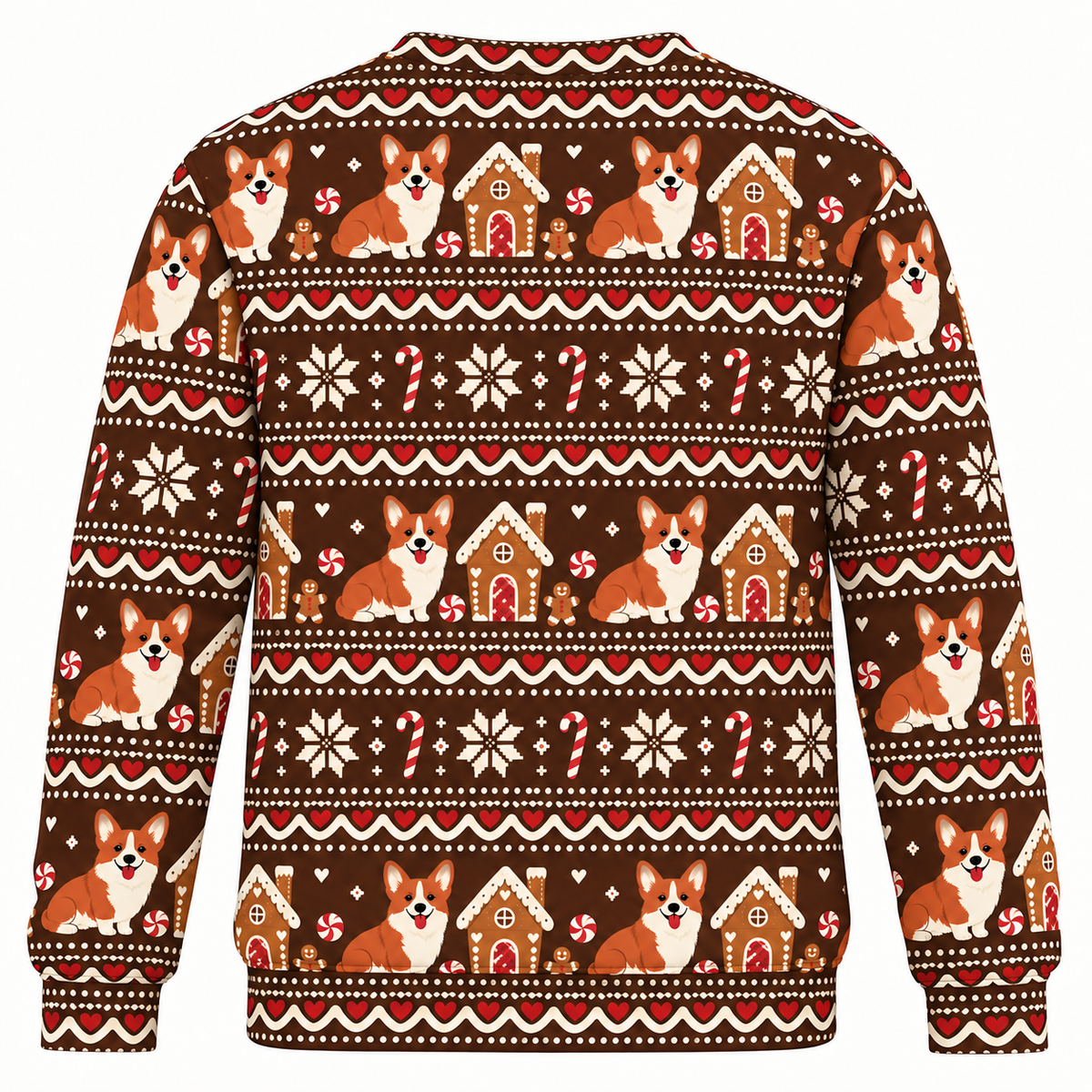 Back view of Corgi Christmas gingerbread house all over print ugly sweater