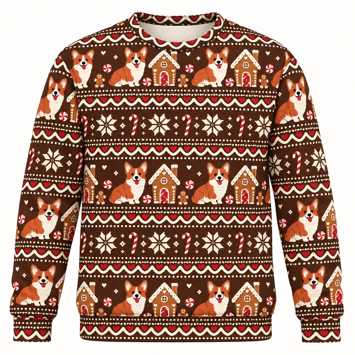 Front view of Corgi Christmas gingerbread house all over print ugly sweater