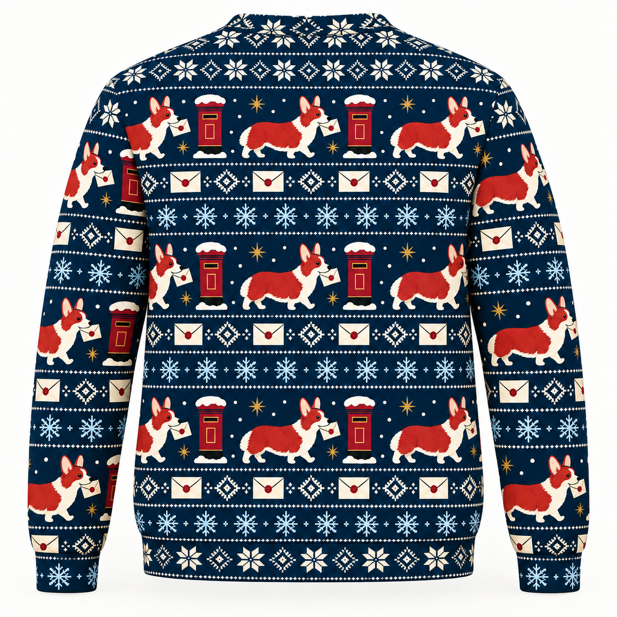 Back view of Corgi Christmas mail all over print ugly sweater