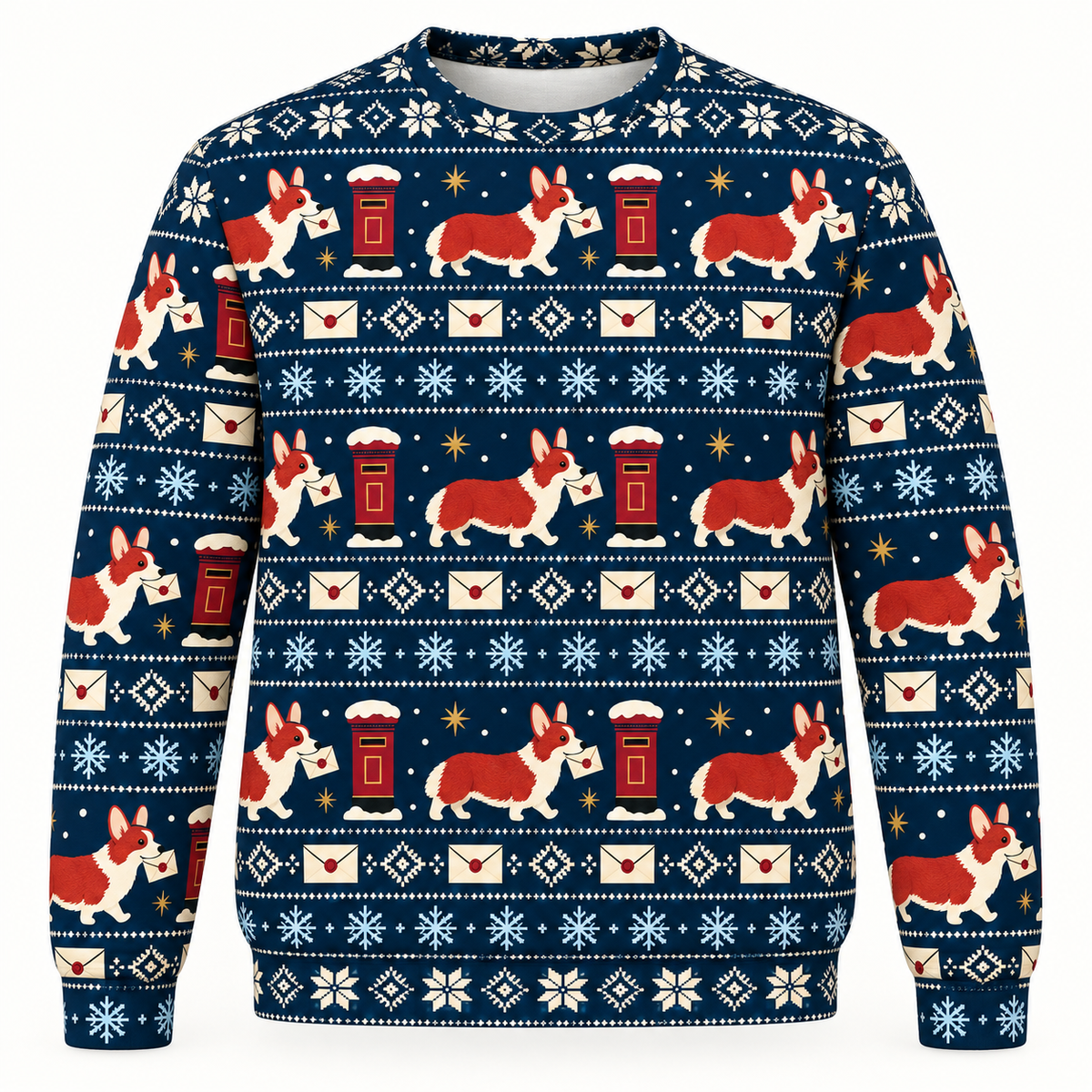 Front view of Corgi Christmas mail all over print ugly sweater