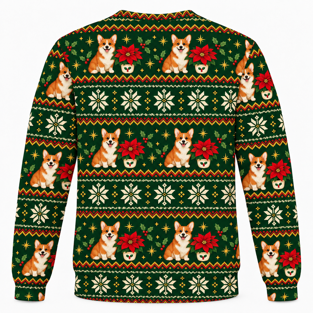 Back view of Corgi Christmas Poinsettia all over print ugly sweater