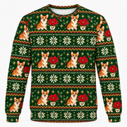 Front view of Corgi Christmas Poinsettia all over print ugly sweater