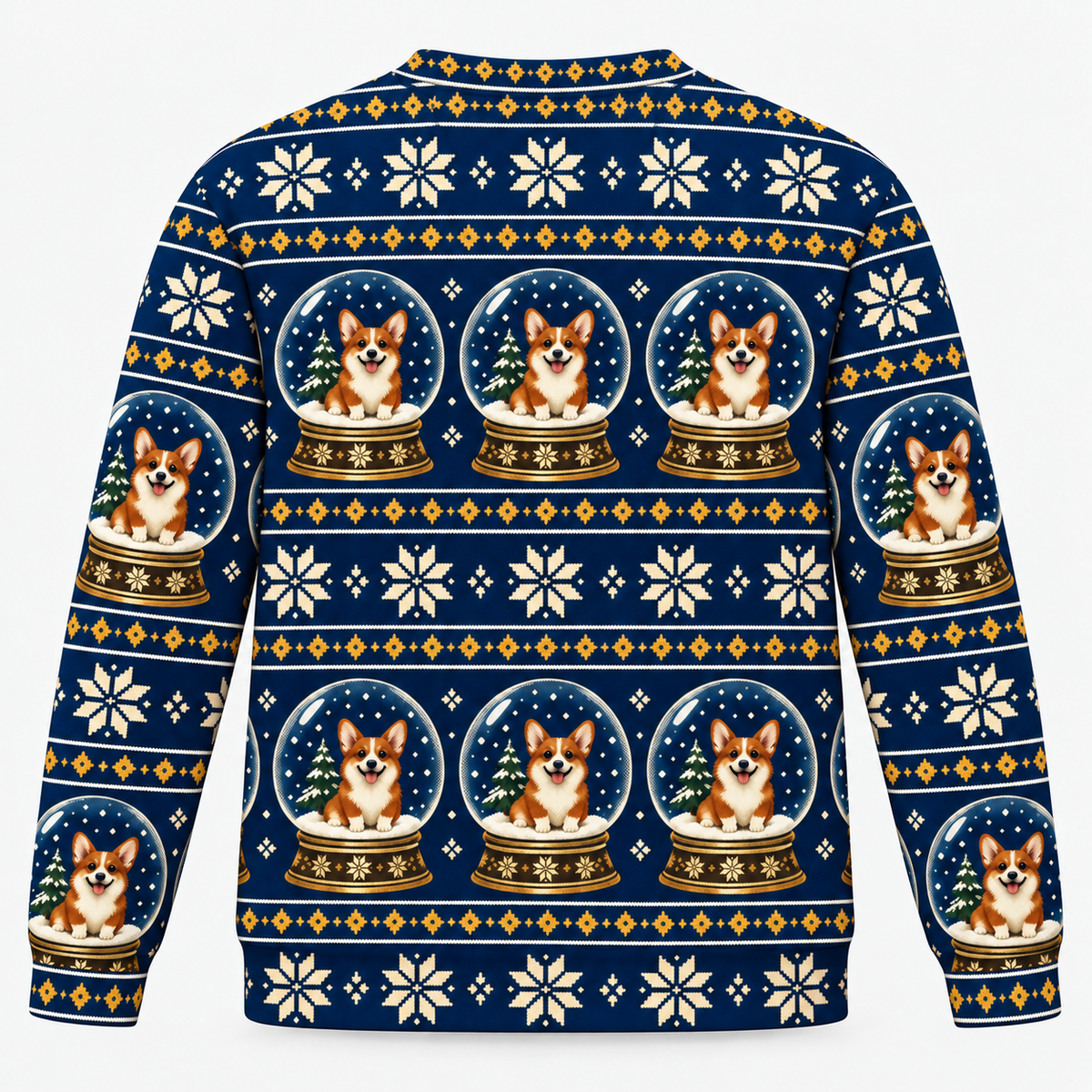 Back view of Corgi Christmas Snow Globe all over print ugly sweater