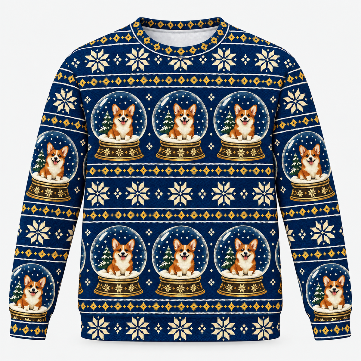 Front view of Corgi Christmas Snow Globe all over print ugly sweater