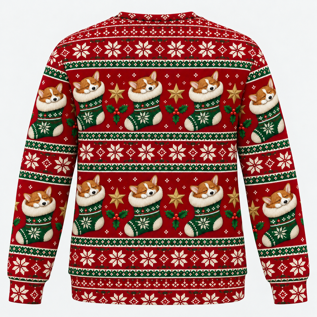 Back view of Corgi Christmas Stocking all over print ugly sweater