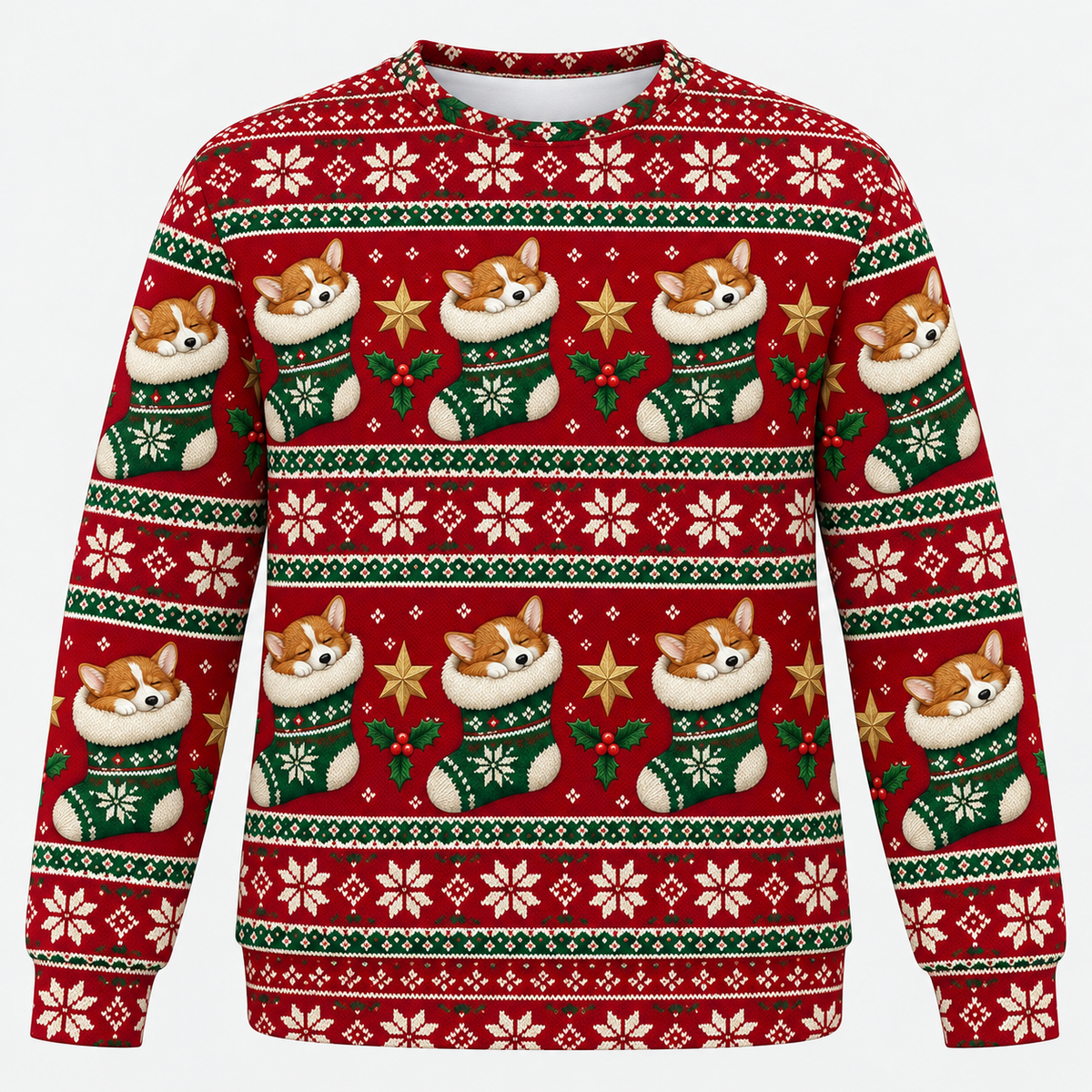 Front view of Corgi Christmas Stocking all over print ugly sweater