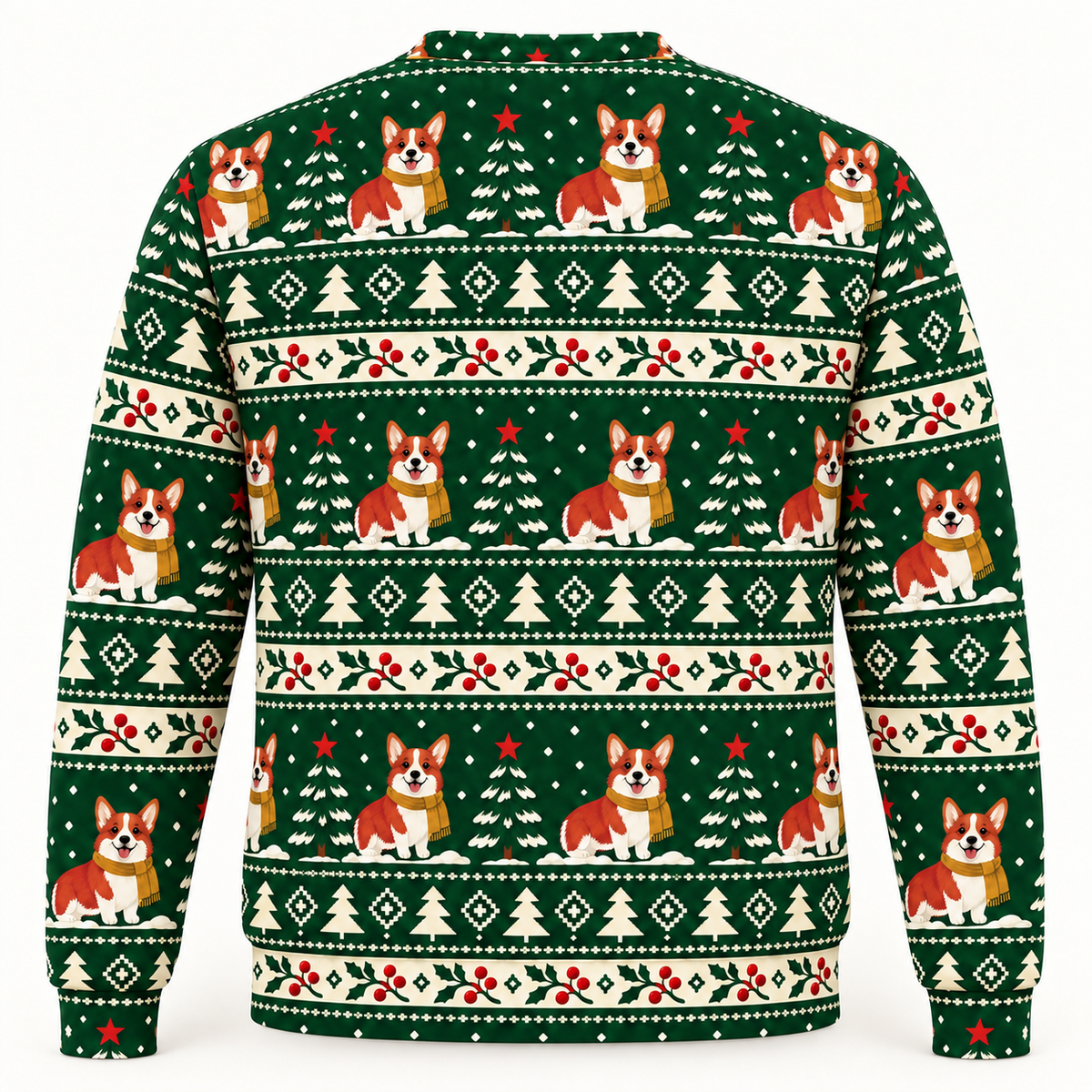 Back view of Corgi Christmas tree farm all over print ugly sweater