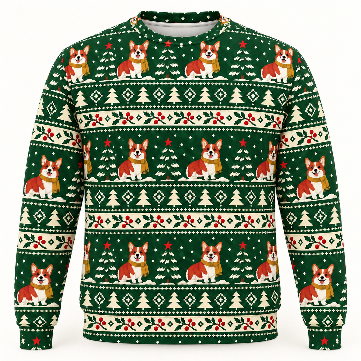 Front view of Corgi Christmas tree farm all over print ugly sweater
