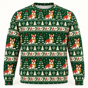 Front view of Corgi Christmas tree farm all over print ugly sweater