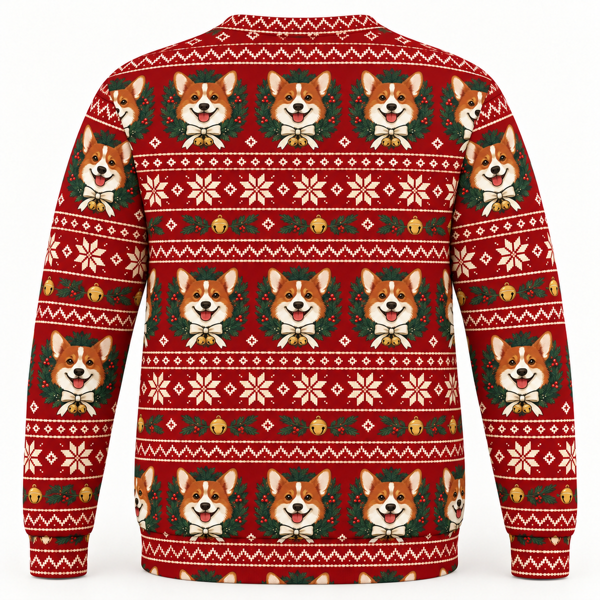 Back view of Corgi Christmas wreath and bells all over print ugly sweater
