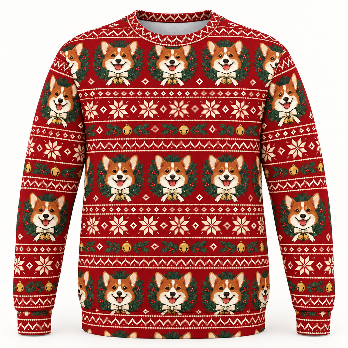 Front view of Corgi Christmas wreath and bells all over print ugly sweater