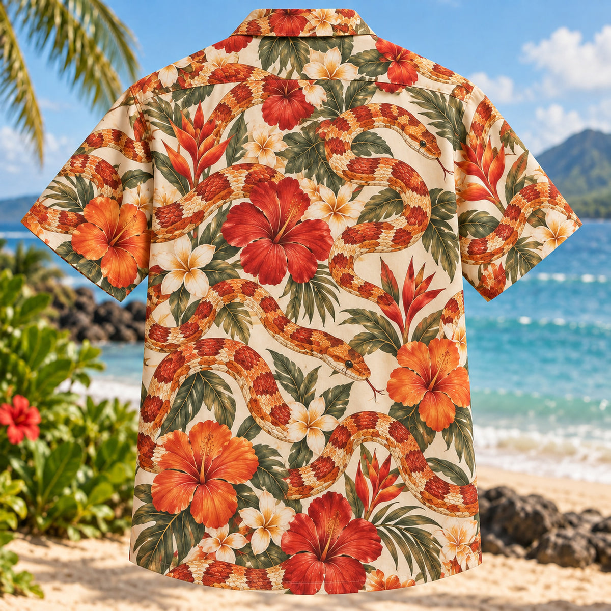 Back view of Corn Snake Bloom Reptile Hawaiian Shirt with matching artwork in orange, red, cream
