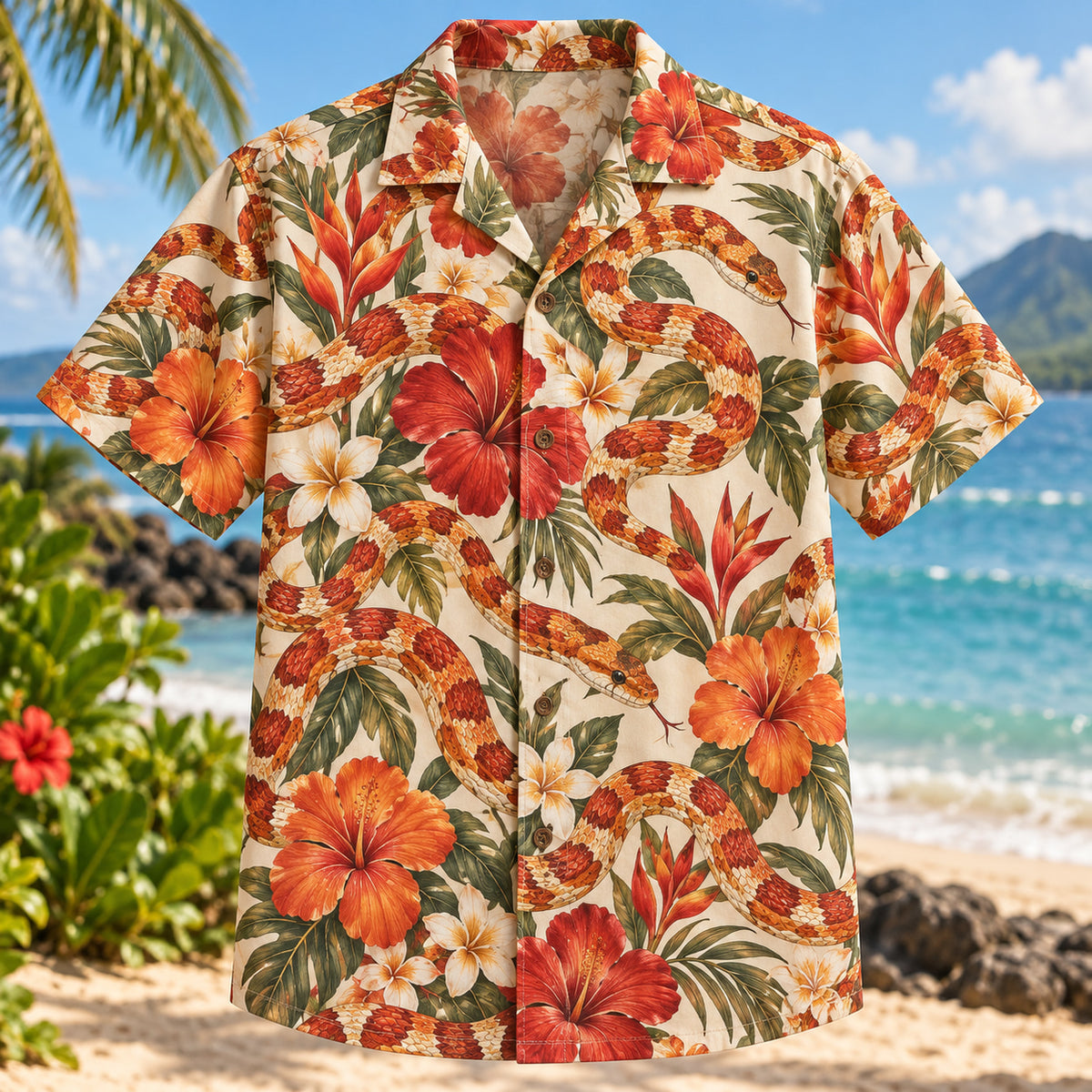 Front view of Corn Snake Bloom Reptile Hawaiian Shirt with corn snakes winding among tropical blooms