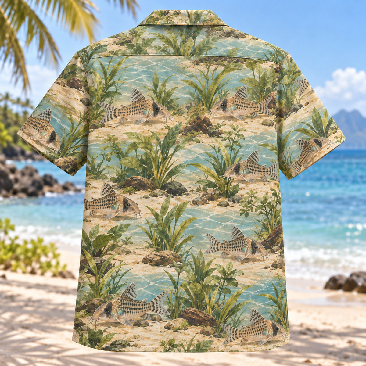Back view of Corydoras Sand Freshwater Aquarium Hawaiian Shirt with matching artwork in tan, sage, aqua