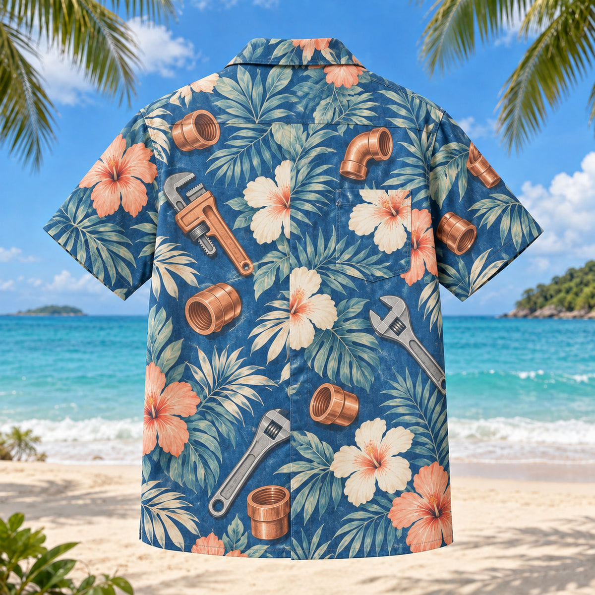 Back view of Coupling Plumber Hawaiian Shirt with matching artwork in denim, peach, ivory
