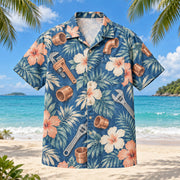 Front view of Coupling Plumber Hawaiian Shirt with original coupling motifs, with tropical botanical accents; no text or branded equipment