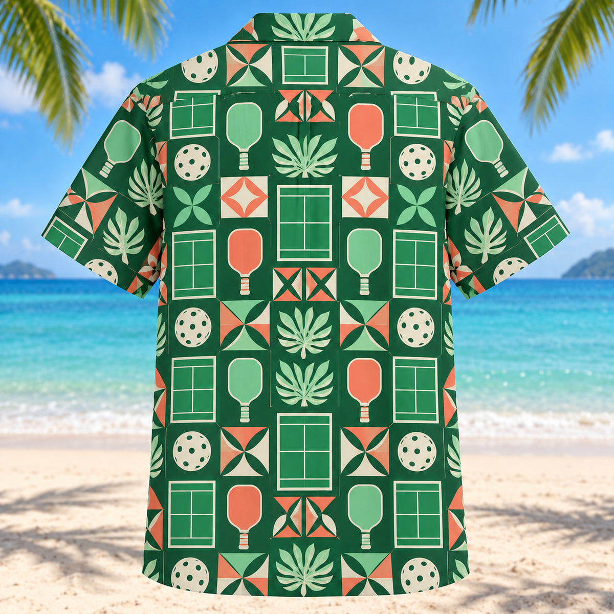 Back view of Court Tile Mosaic Pickleball Hawaiian Shirt with matching pickleball artwork in forest green, mint, coral, ivory