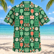 Back view of Court Tile Mosaic Pickleball Hawaiian Shirt with matching pickleball artwork in forest green, mint, coral, ivory