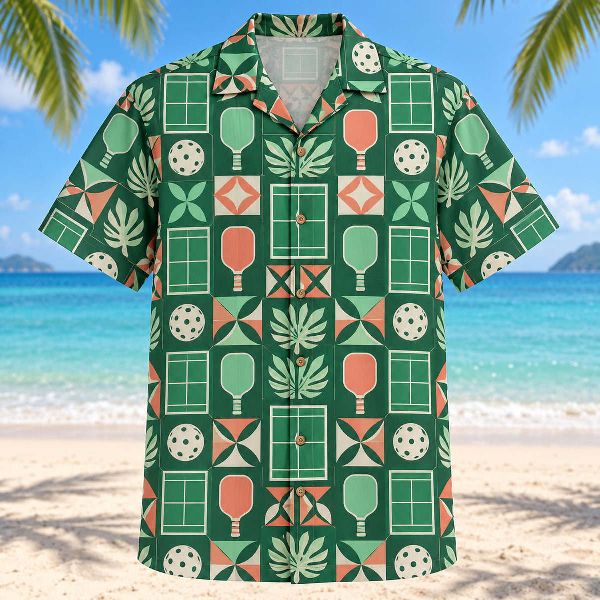Front view of Court Tile Mosaic Pickleball Hawaiian Shirt with structured geometric tiles alternating stylized court diagrams, plain pickleball paddles, perforated balls and minimal leaves