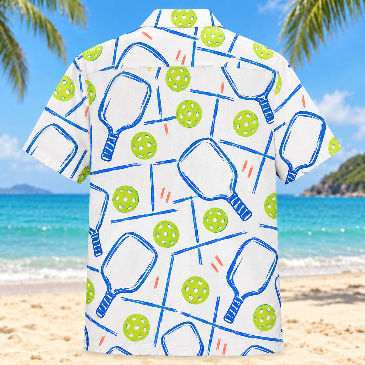 Back view of Courtline Doodle Pickleball Hawaiian Shirt with matching pickleball artwork in white, cobalt, lime, coral
