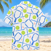 Back view of Courtline Doodle Pickleball Hawaiian Shirt with matching pickleball artwork in white, cobalt, lime, coral