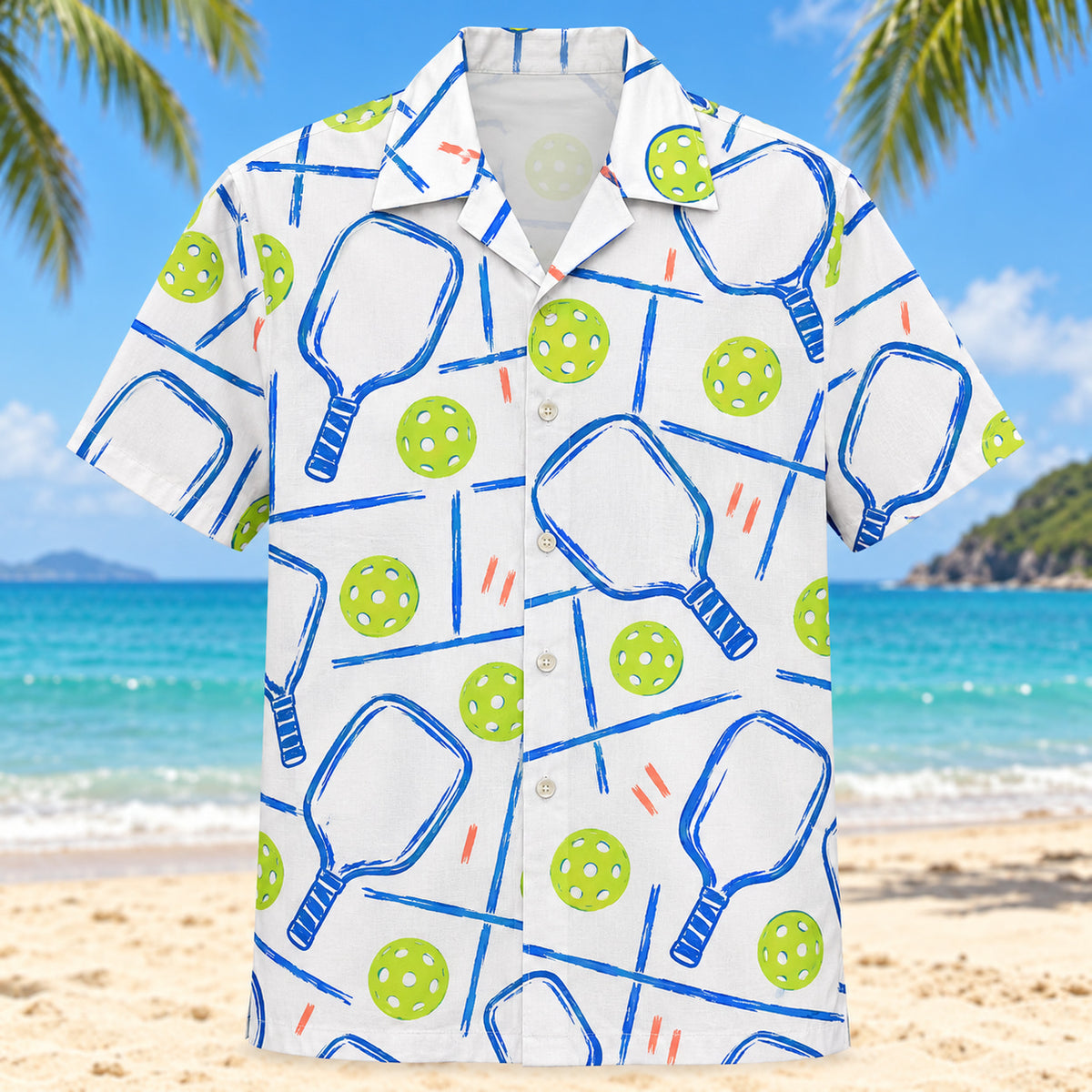 Front view of Courtline Doodle Pickleball Hawaiian Shirt with freehand cobalt paddle outlines, perforated lime balls, sketchy court-line segments and tiny coral ticks on white