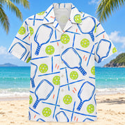 Front view of Courtline Doodle Pickleball Hawaiian Shirt with freehand cobalt paddle outlines, perforated lime balls, sketchy court-line segments and tiny coral ticks on white