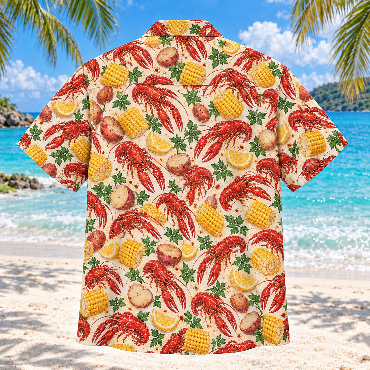 Back view of Crawfish Corn Table Cajun Seafood Boil Hawaiian Shirt with matching artwork in crawfish red, corn gold, cream