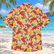 Back view of Crawfish Corn Table Cajun Seafood Boil Hawaiian Shirt with matching artwork in crawfish red, corn gold, cream