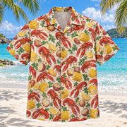 Front view of Crawfish Corn Table Cajun Seafood Boil Hawaiian Shirt with original, text-free illustrations of cooked crawfish, corn cobs and lemon wedges