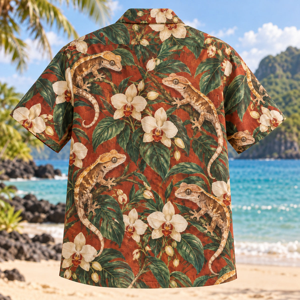 Back view of Crested Gecko Orchid Reptile Hawaiian Shirt with matching artwork in rust, cream, emerald