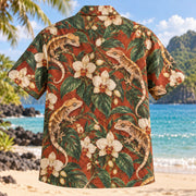 Back view of Crested Gecko Orchid Reptile Hawaiian Shirt with matching artwork in rust, cream, emerald
