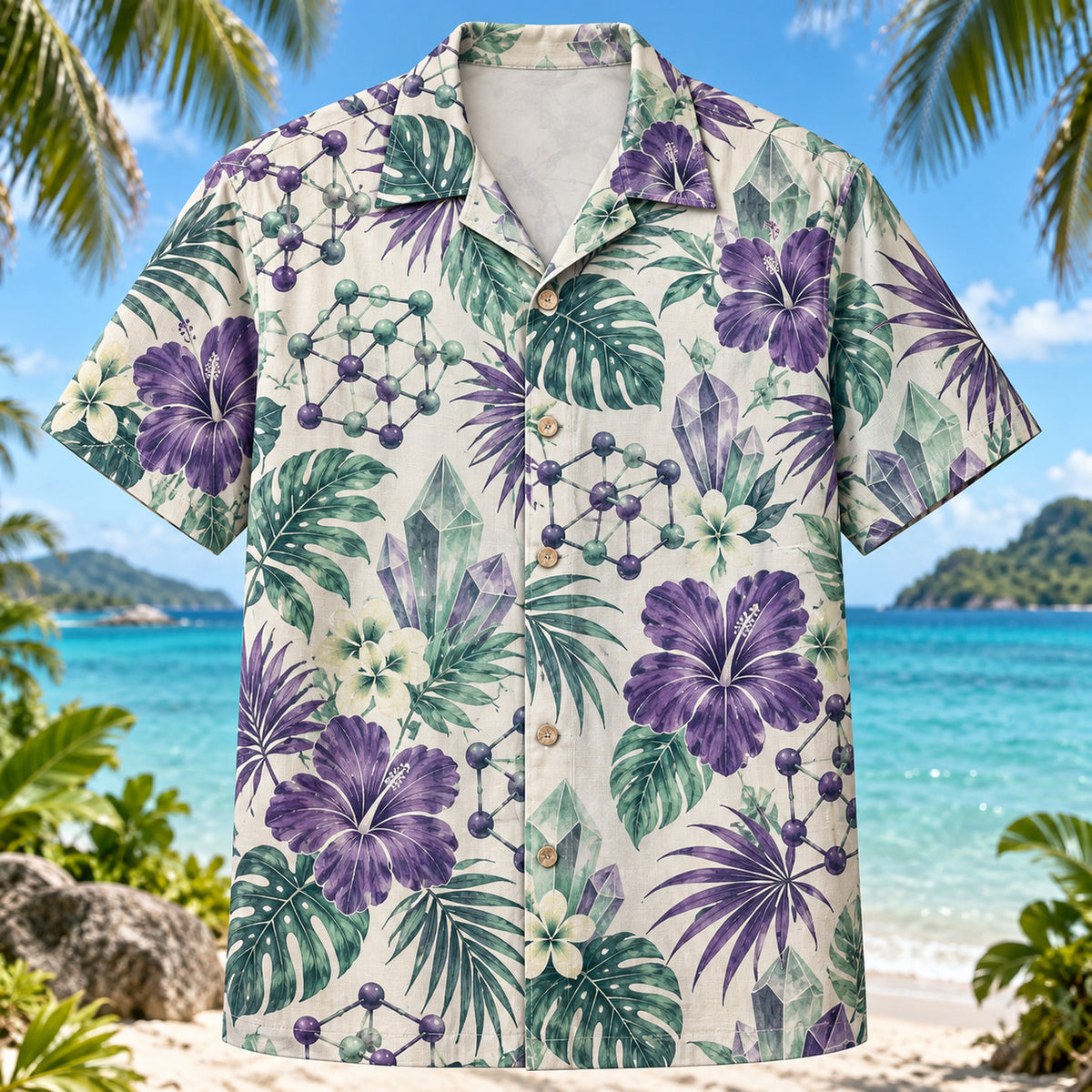 Front view of Crystal Geometry Chemistry Hawaiian Shirt with crystal lattice geometry and tropical foliage
