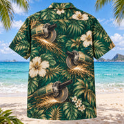 Back view of Cutting Wheel Welder Hawaiian Shirt with matching artwork in emerald, tan, cream